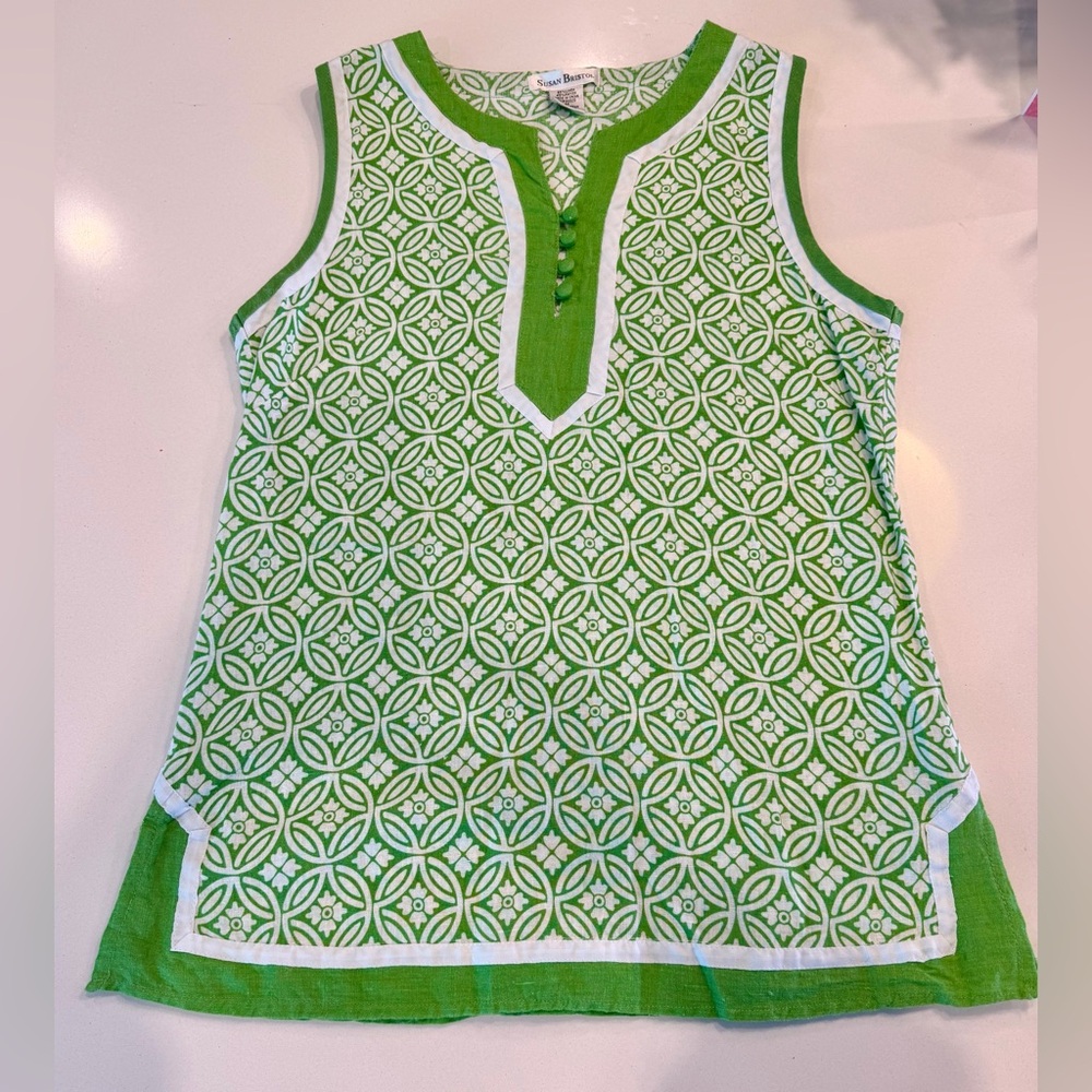Susan Bristol  linen/rayon Green and White Sleeveless Tunic Top size medium